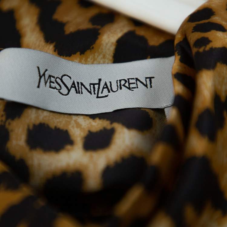 Pre Owned Yves Saint Laurent Brown Leopard Printed Silk Satin Cowl Neck Detail Shift Dress S