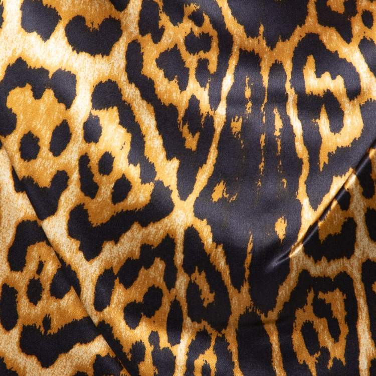 Pre Owned Yves Saint Laurent Brown Leopard Printed Silk Satin Cowl Neck Detail Shift Dress S
