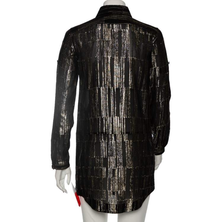 Pre Owned Saint Laurent Metallic Lurex Silk Flap Pocket Detail Mini Shirt Dress S