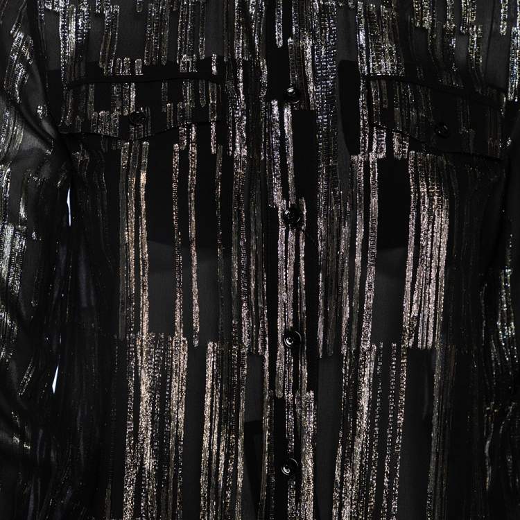 Pre Owned Saint Laurent Metallic Lurex Silk Flap Pocket Detail Mini Shirt Dress S