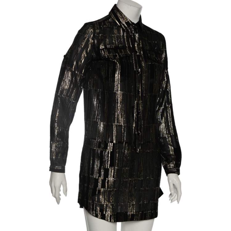 Pre Owned Saint Laurent Metallic Lurex Silk Flap Pocket Detail Mini Shirt Dress S