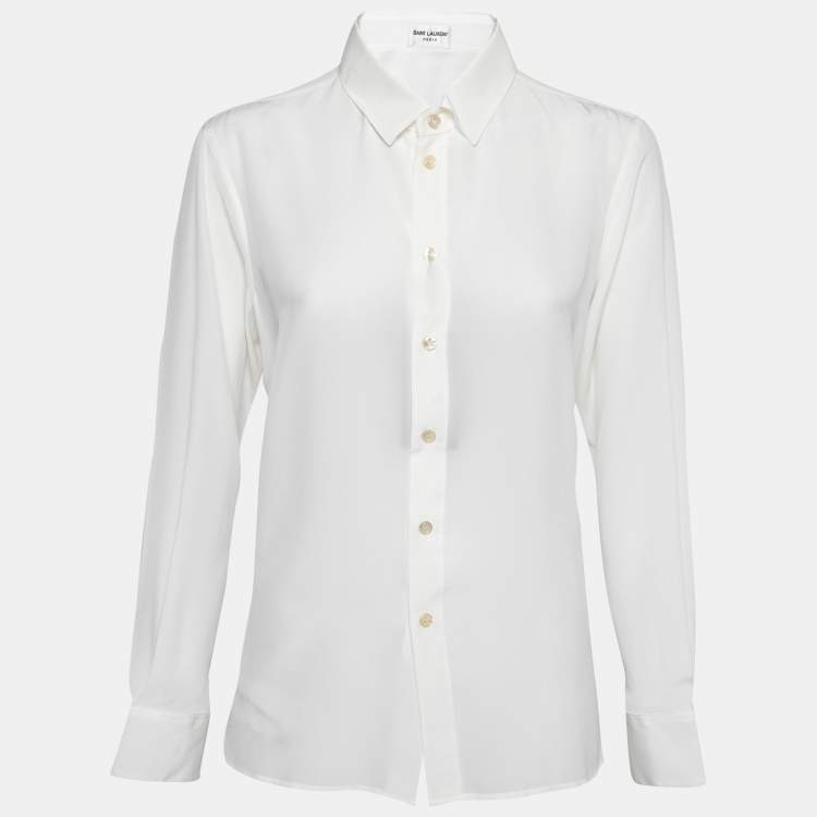 Pre Owned Saint Laurent Pearl White Crepe de Chine Silk Shirt L