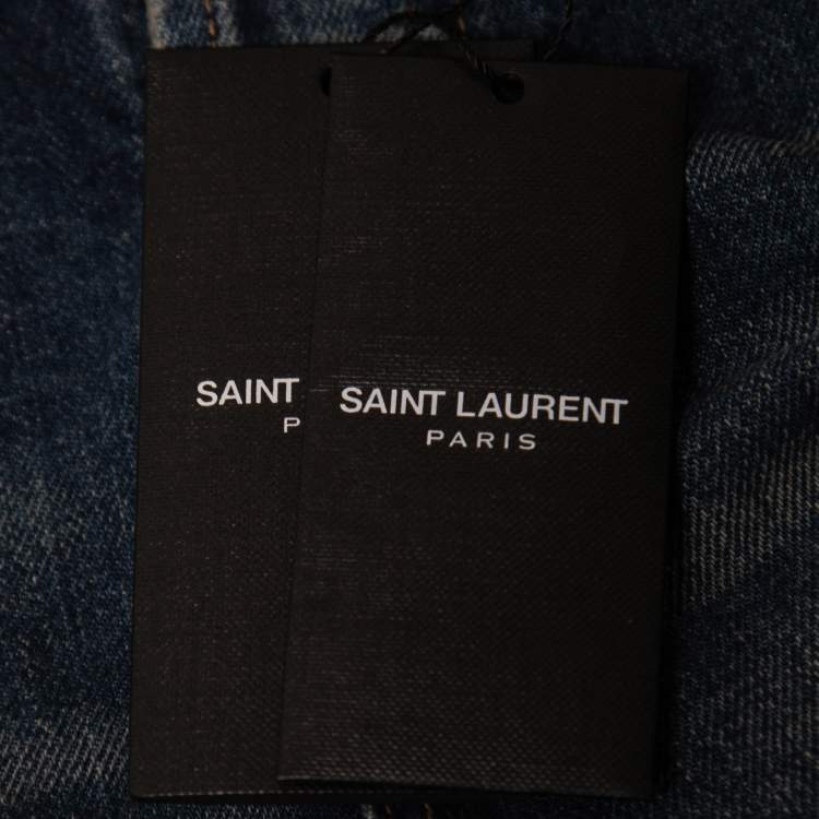 Pre Owned Saint Laurent Blue Denim Logo Embroidered Shorts M