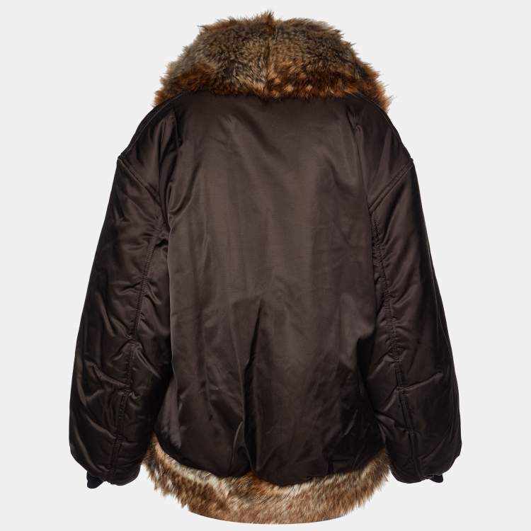Pre Owned   Saint Laurent Paris Brown Faux Fur Trim Satin Padded Bomber Jacket S