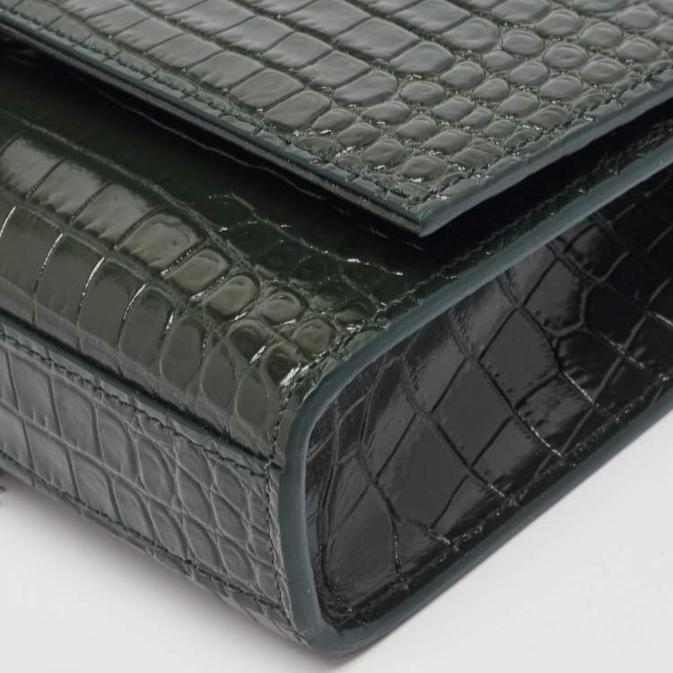 Pre Owned Saint Laurent Green Croc Embossed Leather New Small Kate Wallet on Chain