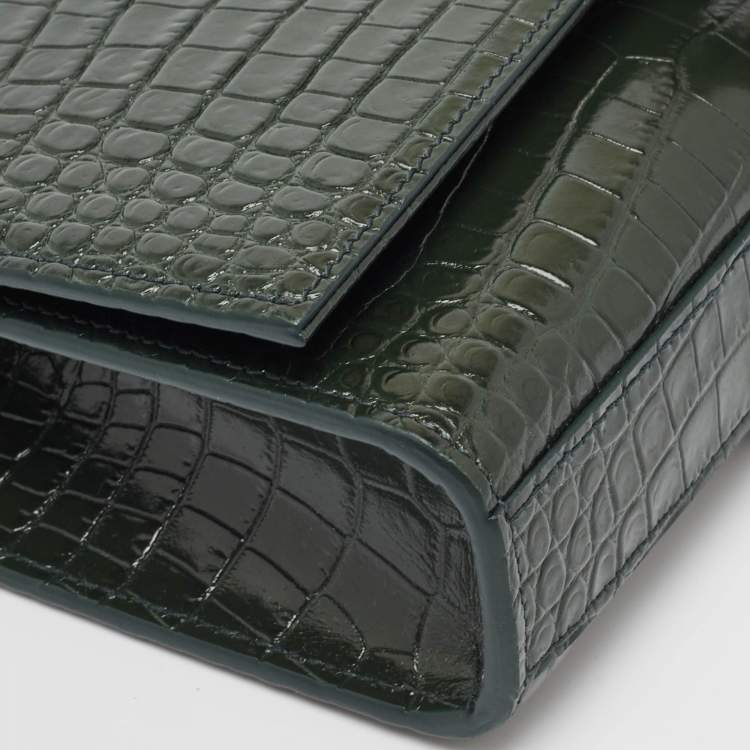 Pre Owned Saint Laurent Green Croc Embossed Leather New Small Kate Wallet on Chain
