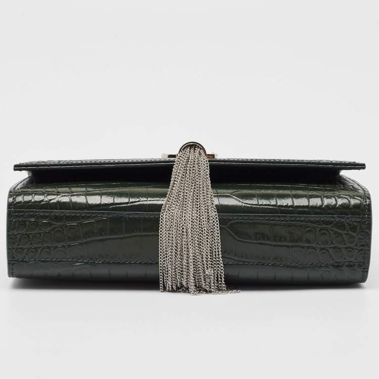 Pre Owned Saint Laurent Green Croc Embossed Leather New Small Kate Wallet on Chain