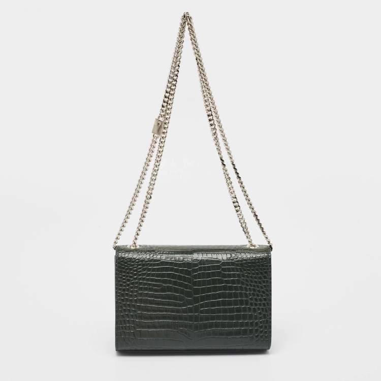 Pre Owned Saint Laurent Green Croc Embossed Leather New Small Kate Wallet on Chain