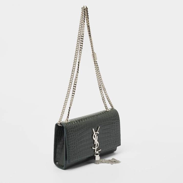 Pre Owned Saint Laurent Green Croc Embossed Leather New Small Kate Wallet on Chain