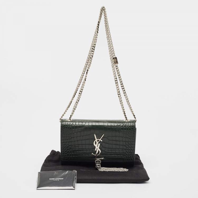 Pre Owned Saint Laurent Green Croc Embossed Leather New Small Kate Wallet on Chain