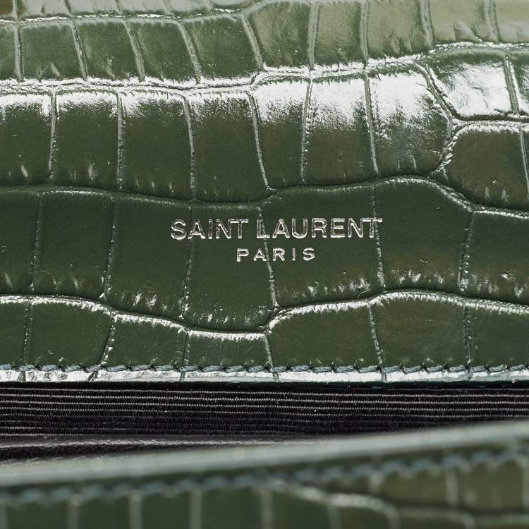 Pre Owned Saint Laurent Green Croc Embossed Leather New Small Kate Wallet on Chain