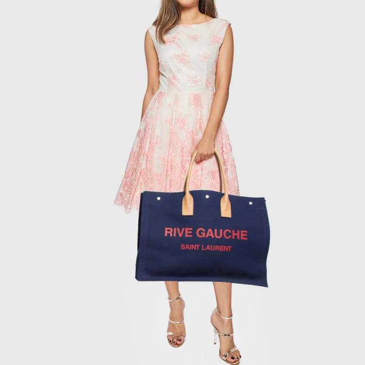 Pre Owned Saint Laurent Navy Blue Canvas Large Rive Gauche Tote