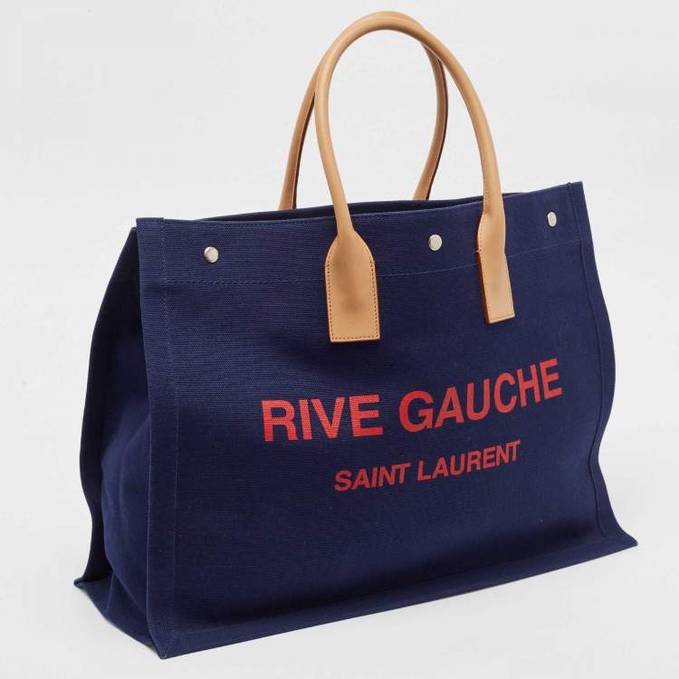 Pre Owned Saint Laurent Navy Blue Canvas Large Rive Gauche Tote