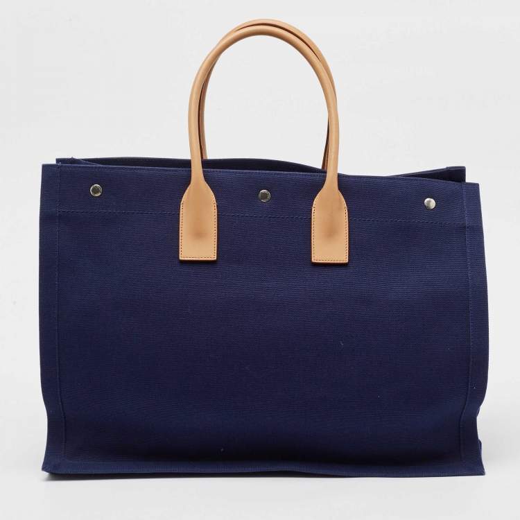 Pre Owned Saint Laurent Navy Blue Canvas Large Rive Gauche Tote