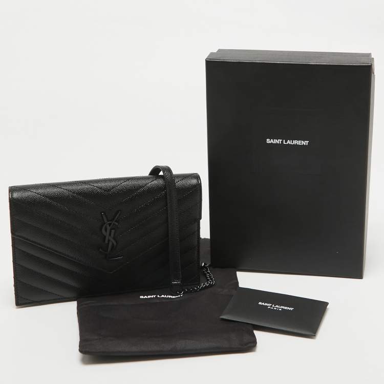 Pre Owned Saint Laurent Black Matelassé Leather Cassandre Wallet on Chain