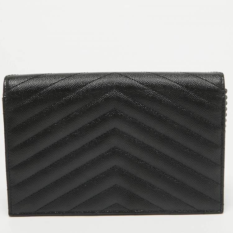 Pre Owned Saint Laurent Black Matelassé Leather Cassandre Wallet on Chain