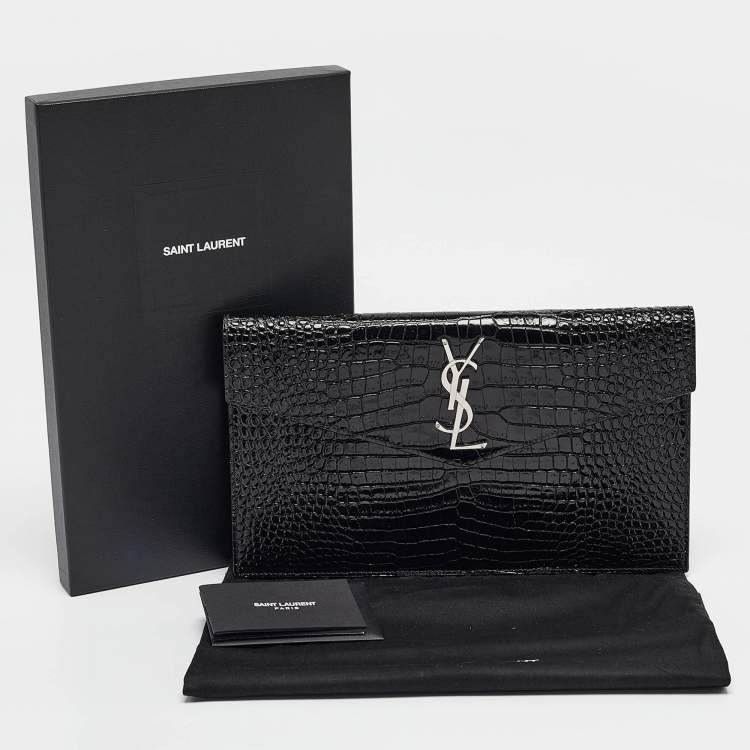 Pre Owned Saint Laurent Black Croc Embossed Leather Uptown Clutch