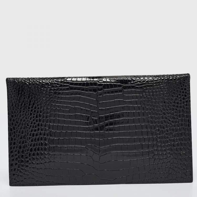 Pre Owned Saint Laurent Black Croc Embossed Leather Uptown Clutch