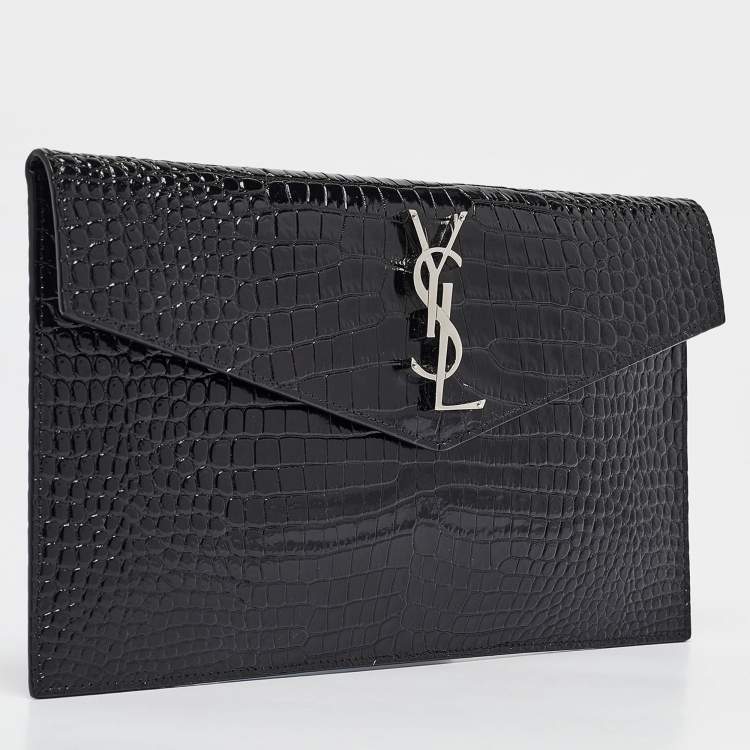 Pre Owned Saint Laurent Black Croc Embossed Leather Uptown Clutch