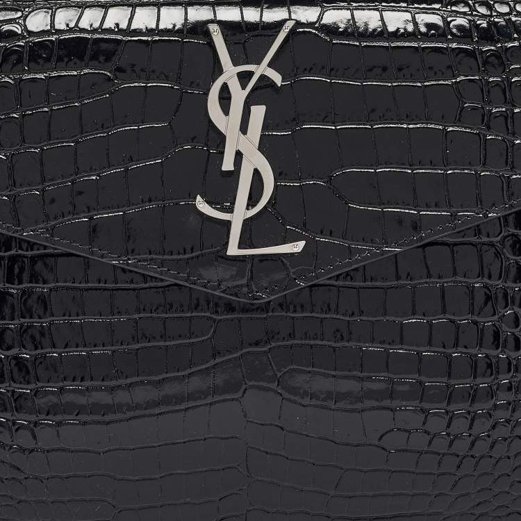 Pre Owned Saint Laurent Black Croc Embossed Leather Uptown Clutch