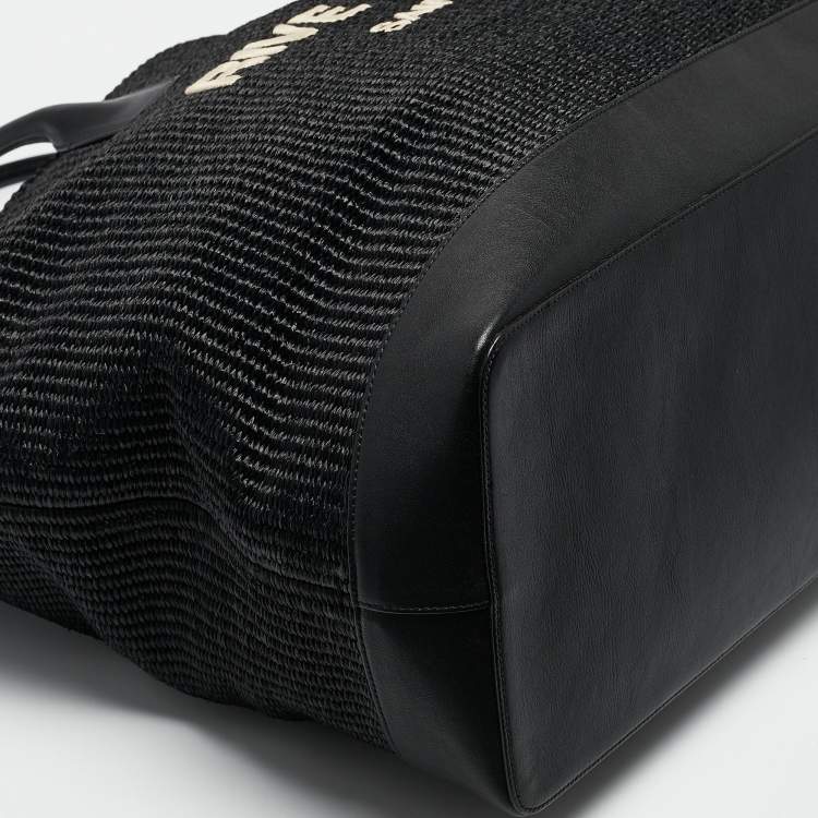 Pre Owned Saint Laurent Black Raffia Rive Gauche Logo Oversized Tote