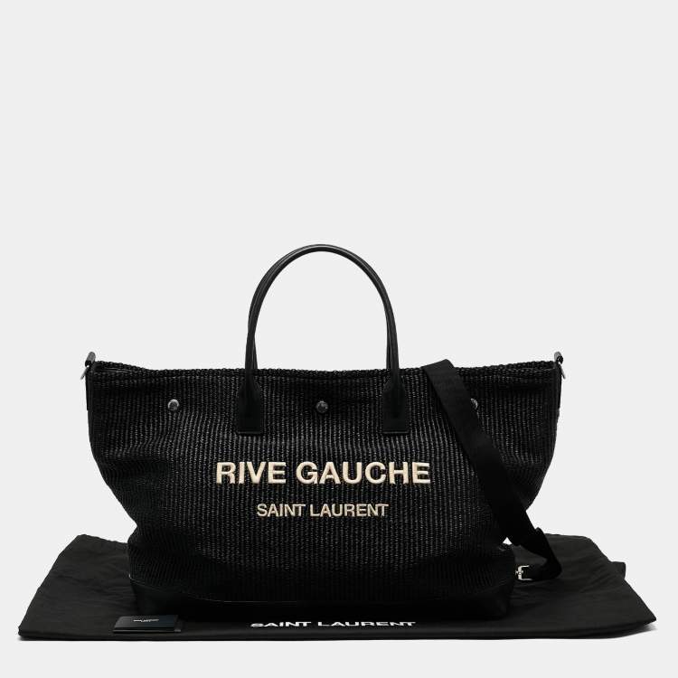 Pre Owned Saint Laurent Black Raffia Rive Gauche Logo Oversized Tote