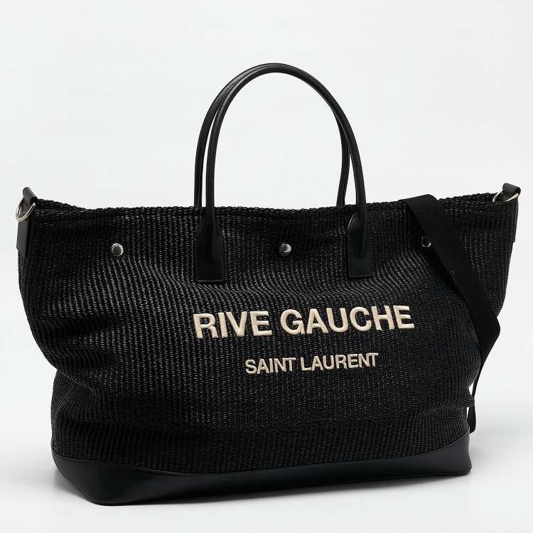 Pre Owned Saint Laurent Black Raffia Rive Gauche Logo Oversized Tote