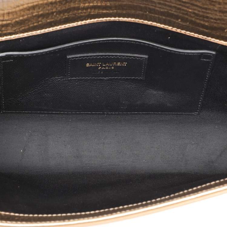 Pre Owned Saint Laurent Gold Lizard Embossed Leather Monogram Kate Tassel Clutch