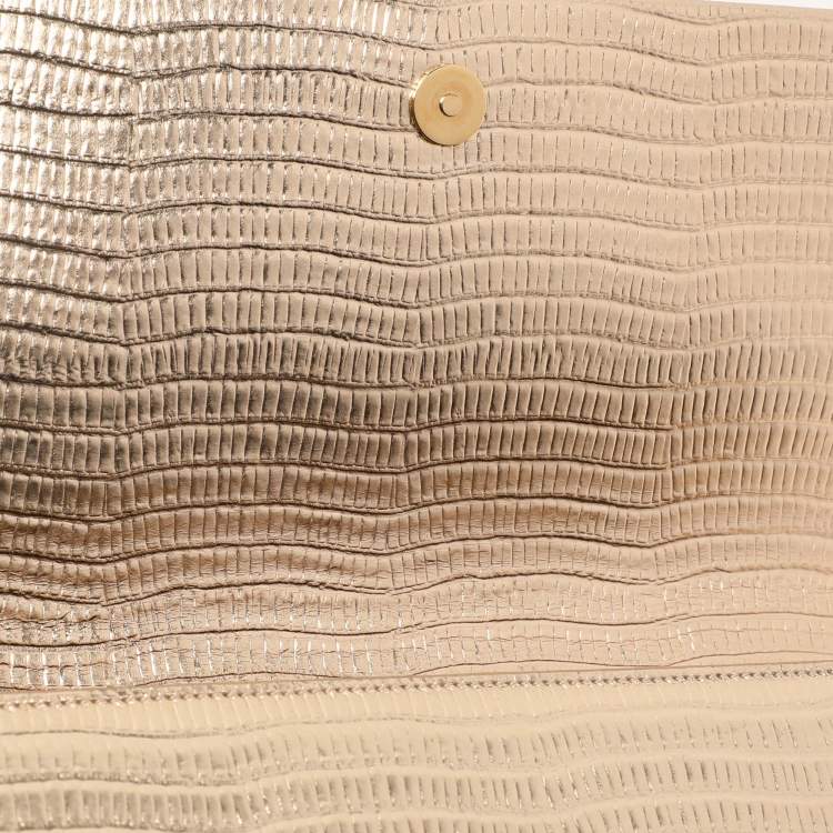 Pre Owned Saint Laurent Gold Lizard Embossed Leather Monogram Kate Tassel Clutch