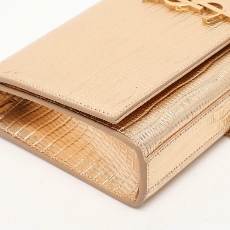 Pre Owned Saint Laurent Gold Lizard Embossed Leather Monogram Kate Tassel Clutch