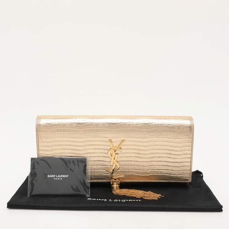 Pre Owned Saint Laurent Gold Lizard Embossed Leather Monogram Kate Tassel Clutch
