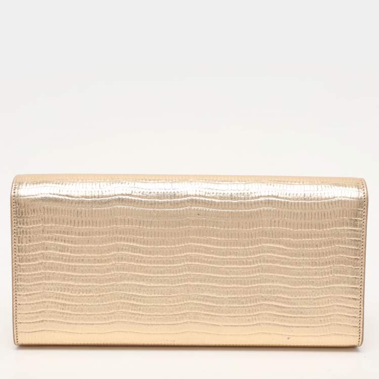 Pre Owned Saint Laurent Gold Lizard Embossed Leather Monogram Kate Tassel Clutch