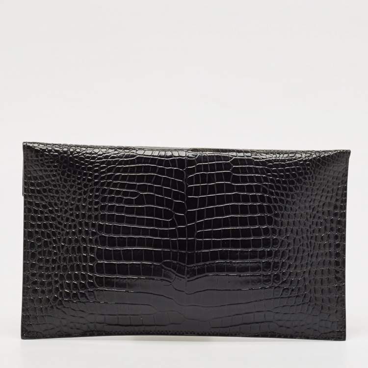 Pre Owned Saint Laurent Black Croc Embossed Leather Uptown Envelope Clutch