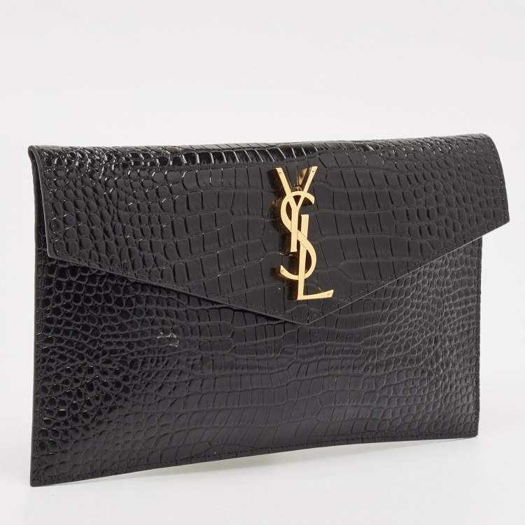 Pre Owned Saint Laurent Black Croc Embossed Leather Uptown Envelope Clutch