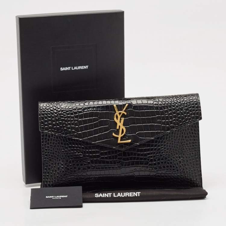 Pre Owned Saint Laurent Black Croc Embossed Leather Uptown Envelope Clutch