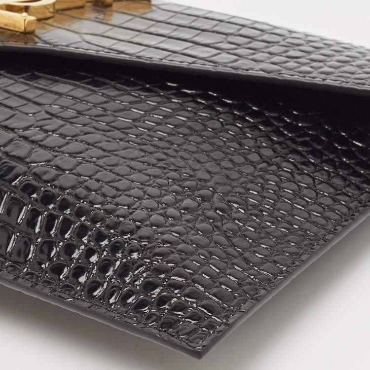 Pre Owned Saint Laurent Black Croc Embossed Leather Uptown Envelope Clutch