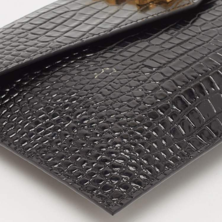 Pre Owned Saint Laurent Black Croc Embossed Leather Uptown Envelope Clutch