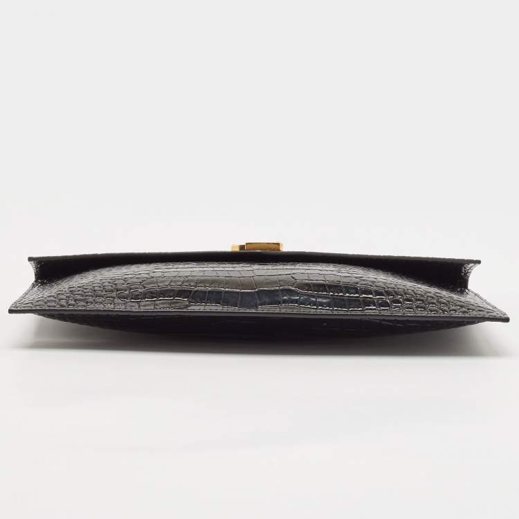 Pre Owned Saint Laurent Black Croc Embossed Leather Uptown Envelope Clutch