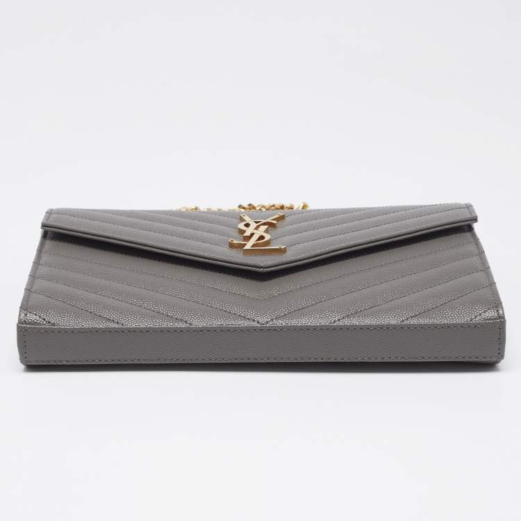 Pre Owned Saint Laurent Grey Matelassé Leather Monogram Envelope Wallet on Chain