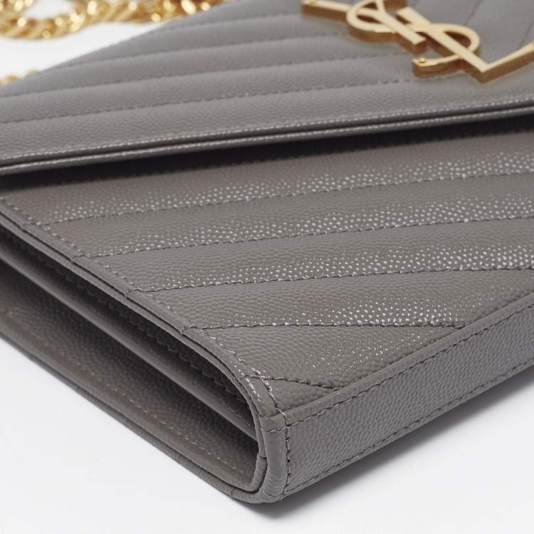 Pre Owned Saint Laurent Grey Matelassé Leather Monogram Envelope Wallet on Chain