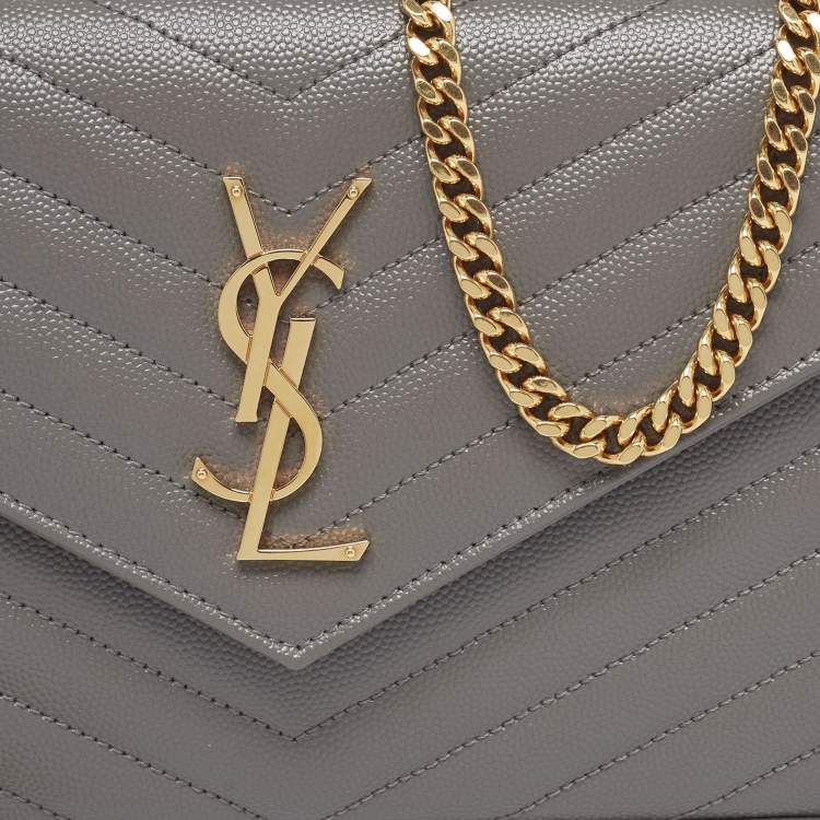 Pre Owned Saint Laurent Grey Matelassé Leather Monogram Envelope Wallet on Chain