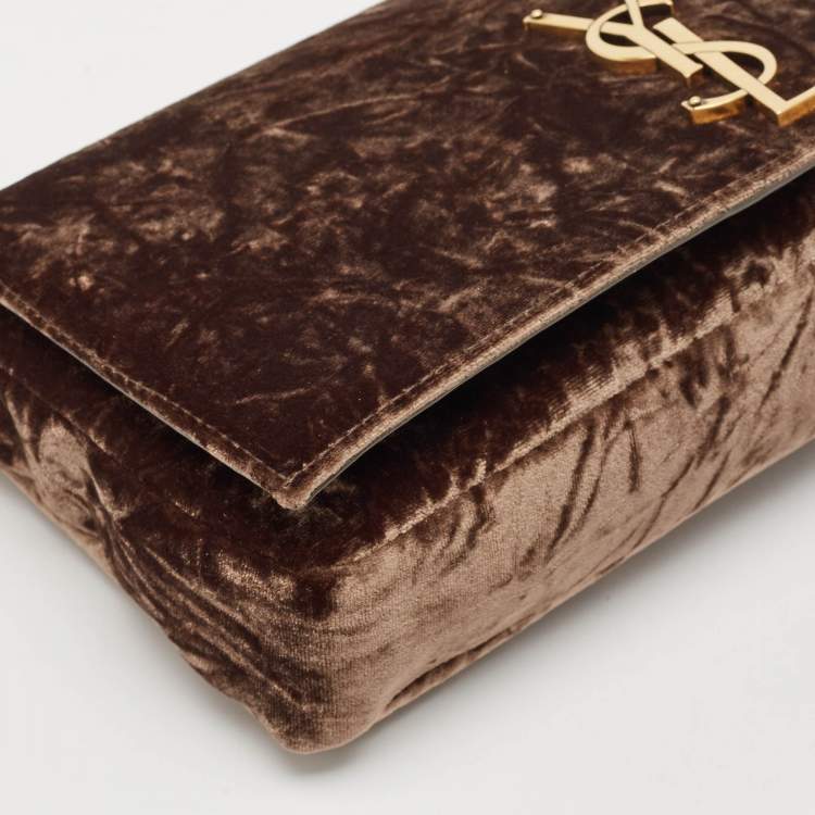 Pre Owned Saint Laurent Brown Crinkled Velvet Kate 99 Wallet On Chain