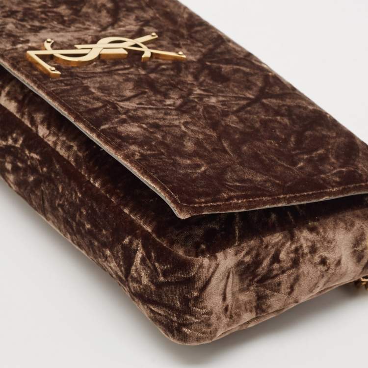 Pre Owned Saint Laurent Brown Crinkled Velvet Kate 99 Wallet On Chain
