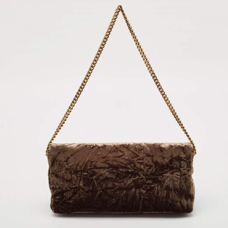 Pre Owned Saint Laurent Brown Crinkled Velvet Kate 99 Wallet On Chain