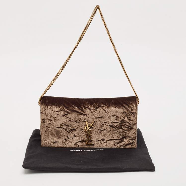 Pre Owned Saint Laurent Brown Crinkled Velvet Kate 99 Wallet On Chain