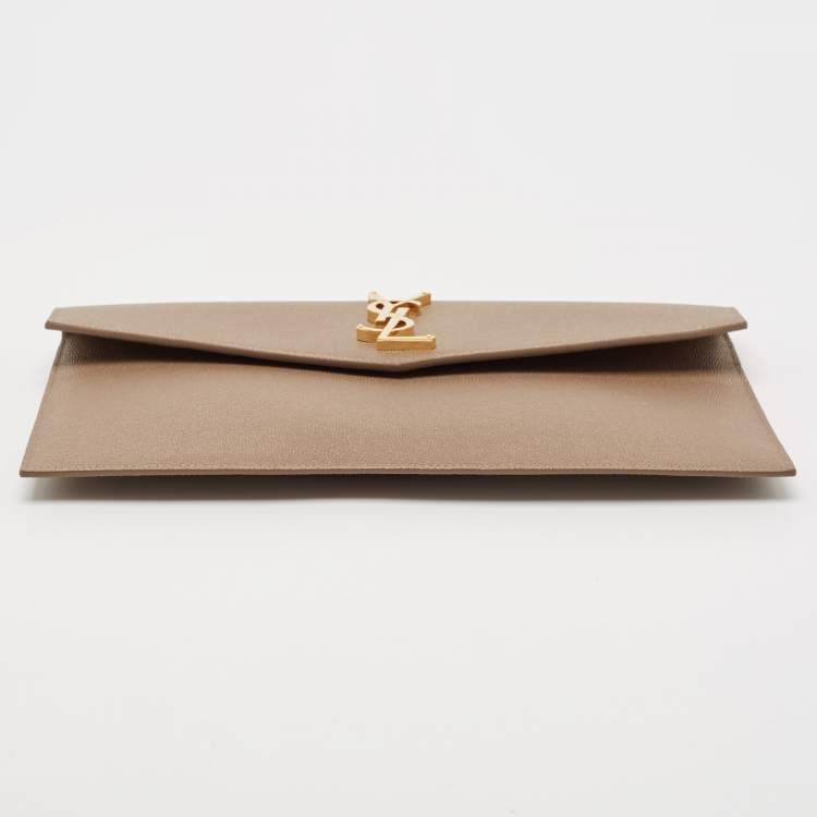 Pre Owned Saint Laurent Taupe Grey Leather Uptown Clutch