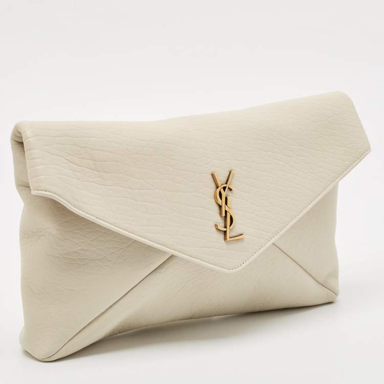 Pre Owned Saint Laurent Off White Leather Large Cassandre Envelope Pouch