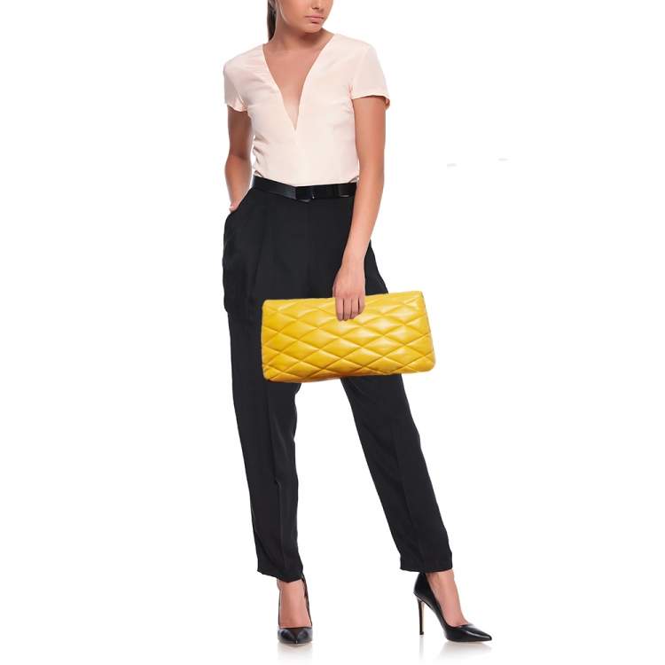 Pre Owned Saint Laurent Yellow Quilted Leather Puffer Envelope Clutch