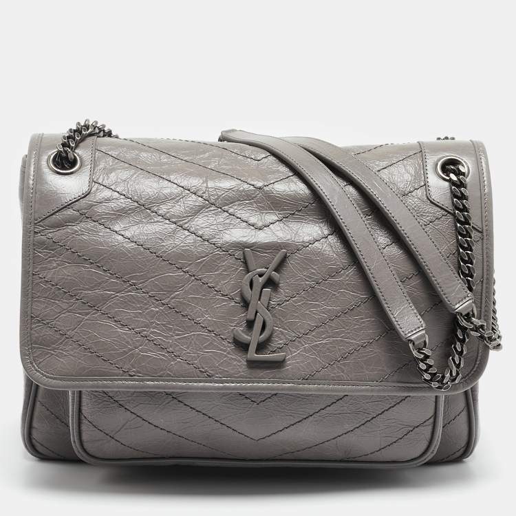 Pre Owned Saint Laurent Grey Crinkled Leather Large Niki Shoulder Bag