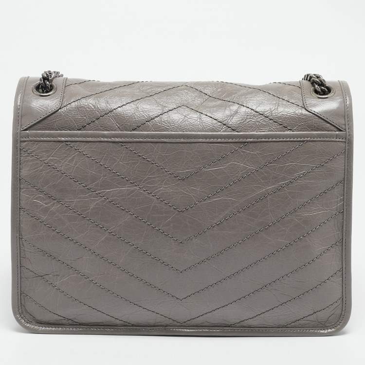 Pre Owned Saint Laurent Grey Crinkled Leather Large Niki Shoulder Bag